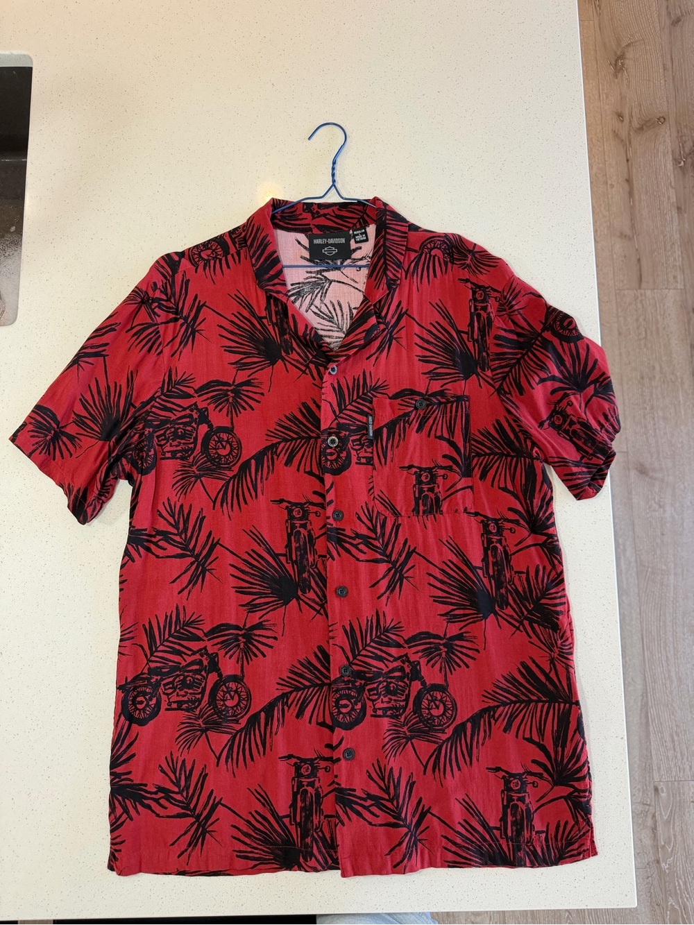 Vintage Harley Davidson Men's Hawaiian Shirt with Black Palm & Motorcycle Print